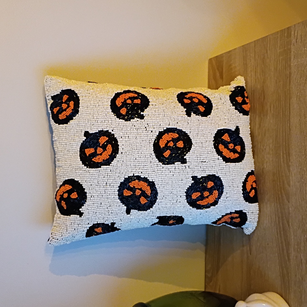 Noir Night Beaded Orange Black White Jack-o'-lantern Decorative Pillow - Picture 5 of 6